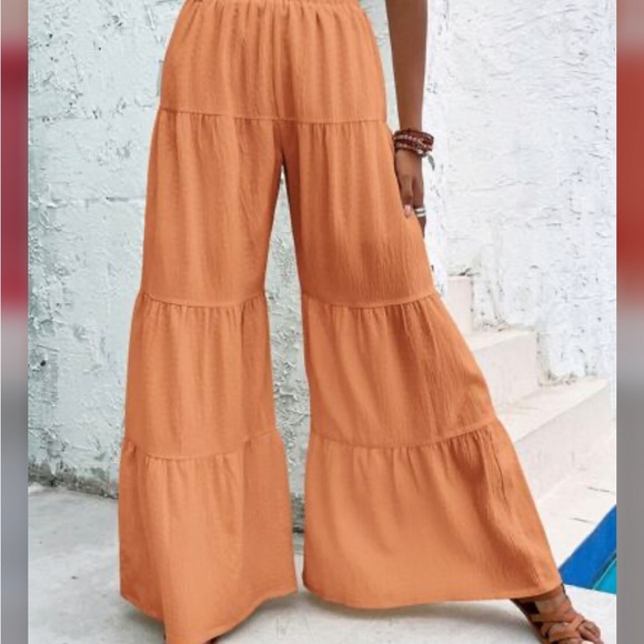SHEIN Pants - SHEIN Orange Tiered Wide-Leg Pants